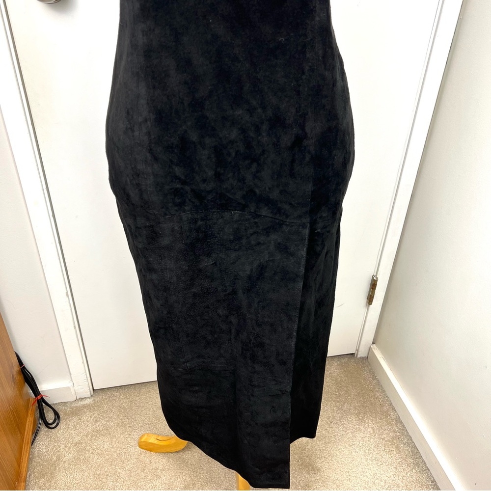 Vintage Leather Suede Long Column Dress Size 4 Black High Halter Neck Sexy Y2K - Picture 4 of 17